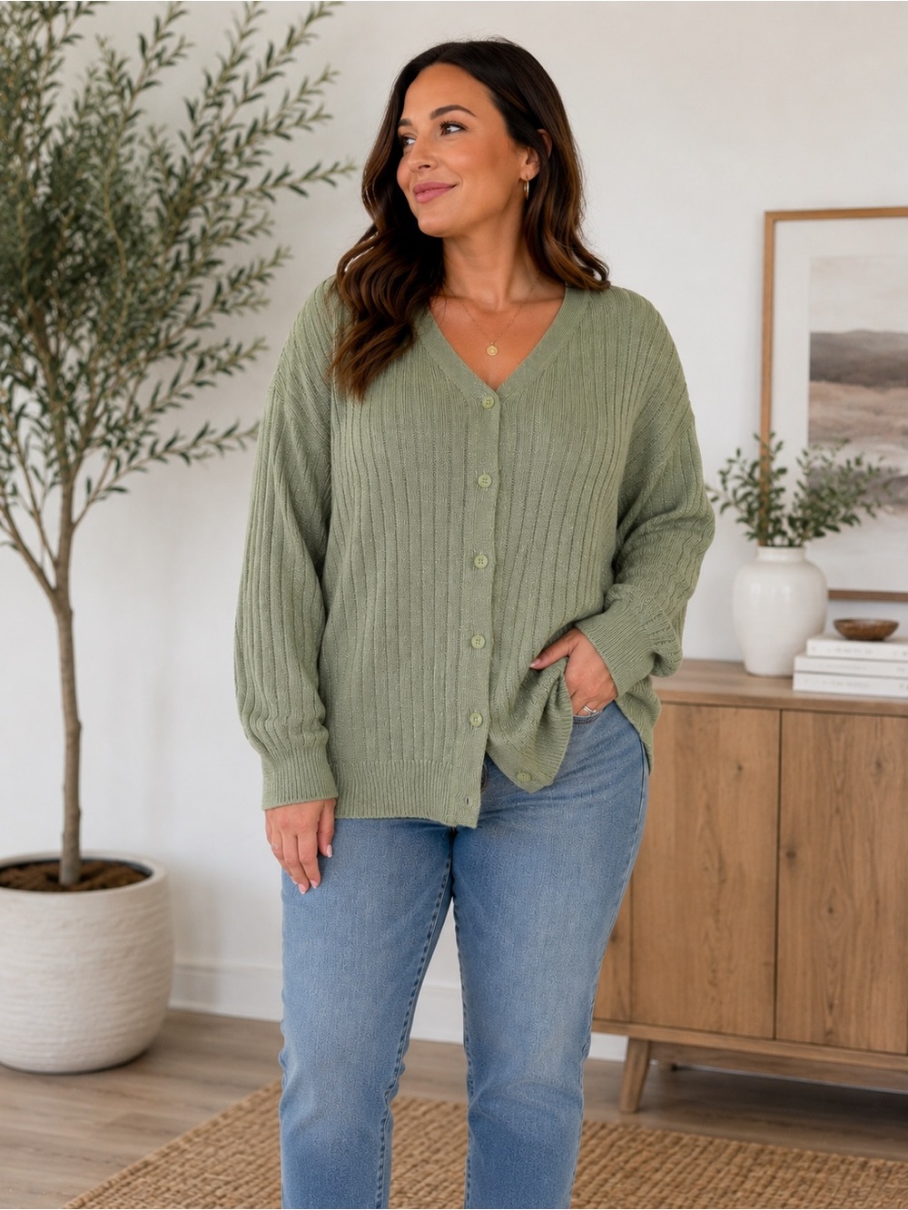 Ralph Lauren Black Label XL Linen Blend Metallic Sage Green Ribbed Cardigan